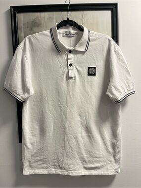 Stone Island White Polo with Black Trim and Badge